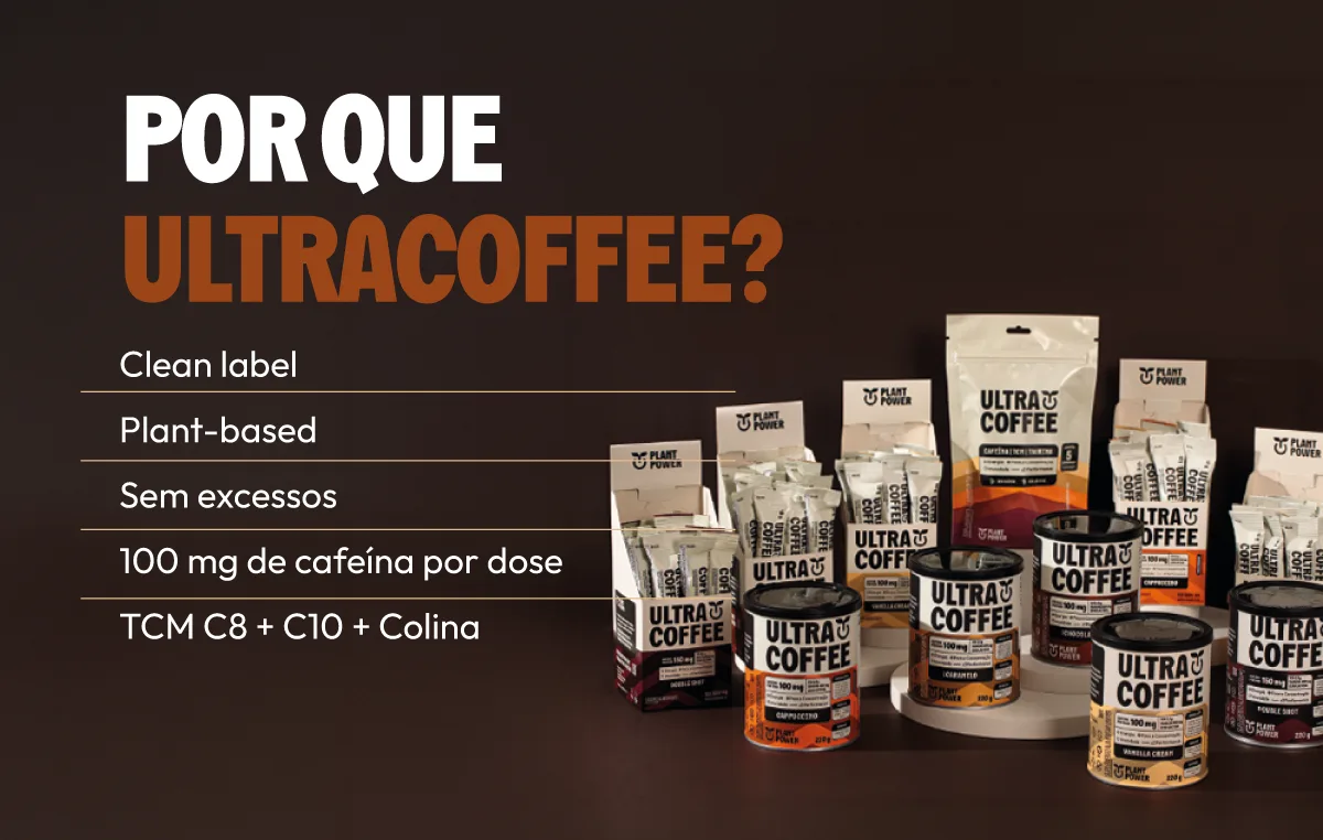 Por que Ultracoffee: clean label, plant-based, sem excessos, 100 mg de cafeína por dose e TCM C8 + C10 + colina.