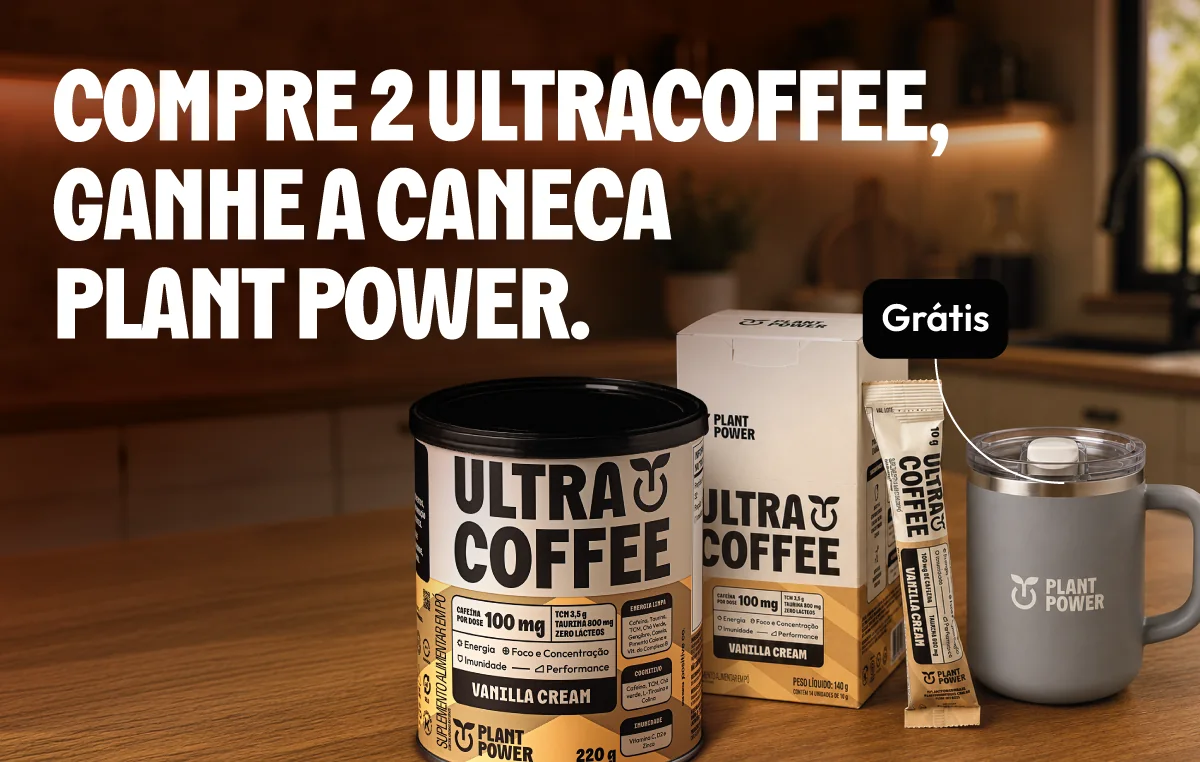Compre 2 Ultracoffee, ganhe a Caneca Plant Power: lata e caixa de Ultracoffee Vanilla Cream com a caneca grátis, na cozinha.
